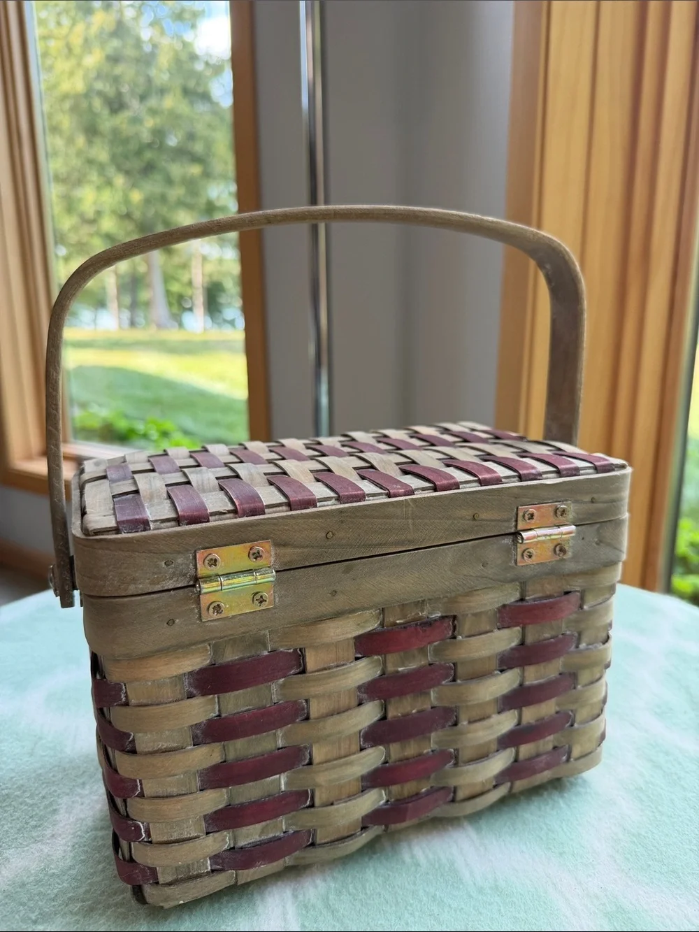 Vintage Woven Natural Wood Basket with Flag Accent - Brown, Red, Blue